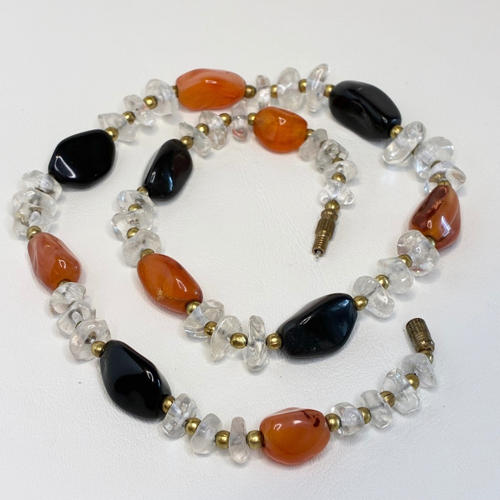 Vintage Necklace Carnelian Agate Black Onyx Clear Quartz Beaded Brass 18"